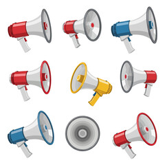 Collection of Colorful Megaphones for Announcements and Communication.
