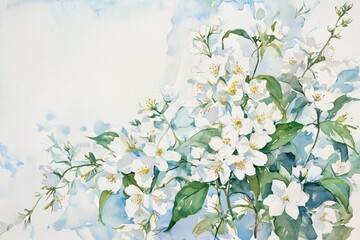 Jasmine watercolor clipart. Hand Drawn Watercolor Jasmine Flowers and green leaves isolated on white background.
