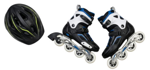 Inline skates with helmet, safety first, recreation and fitness equipment for outdoor activities,