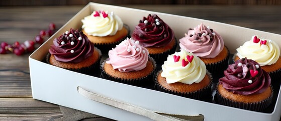 Colorful cupcakes with hearts and frosting ready for Valentine's Day celebration on a table with festive decorations