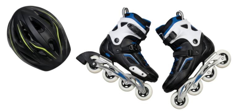 Inline skates with helmet, safety first, recreation and fitness equipment for outdoor activities,