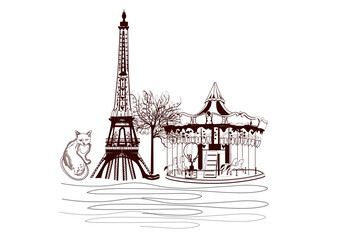 Design  with lettering Paris and the Eiffel tower and french sights, architectural elements. Hand drawn vector illustration.