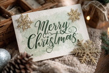 Merry Christmas card showcasing refined green brush strokes, radiant copper snowflakes, gentle lighting, and a cozy, celebratory ambiance perfect for the season