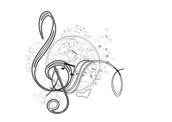 Abstract musical design with a treble clef and Planet Earth, colorful splashes, notes and waves.  Planet music. Hand drawn vector illustration.