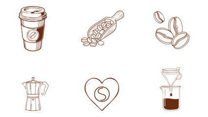 Illustration of collection of six hand drawn coffee related icons including cup bean scoop moka pot and pour over