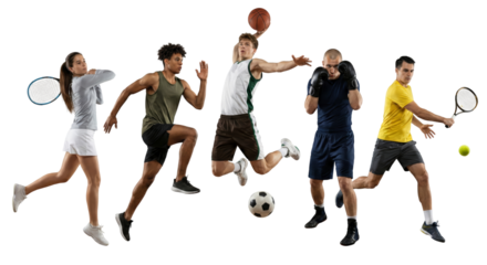 Dynamic display of diverse athletes in action, showcasing various sports and athletic prowess on a