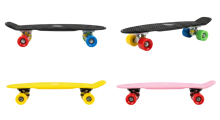 Assortment of vibrant penny boards offering a dynamic visual against a transparent setting