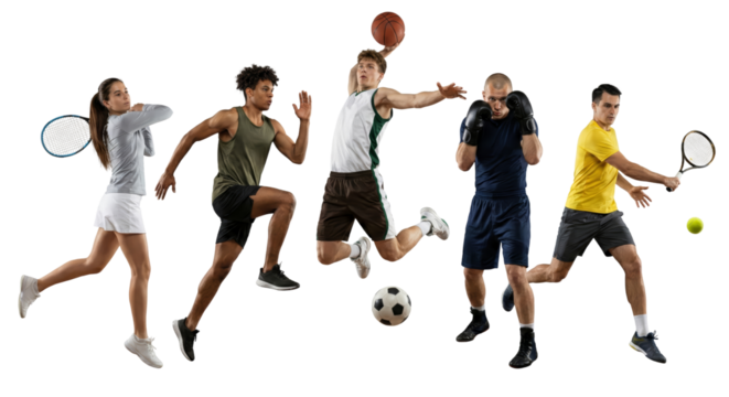 Dynamic display of diverse athletes in action, showcasing various sports and athletic prowess on a