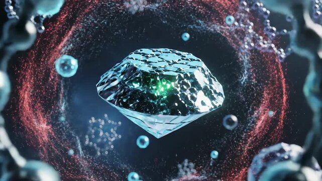 Molecular Fusion and Nanotechnology Illustration - A detailed 3D video depicting molecular fusion, showing a complex nanostructure illuminated by red laser beams.