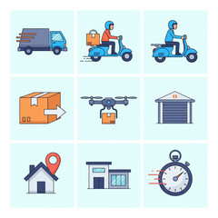 Delivery Service Icons Set - Truck, Scooter, Drone, Package, Warehouse, House, Stopwatch.