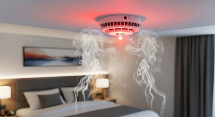 Smoke detector with red light emitting smoke in a bedroom interior with bed and lamp. Fire safety and emergency alarm concept for hazard protection.