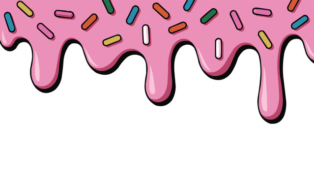 Pink dripping icing border with colourful sprinkles in sweet dessert cartoon style on white background