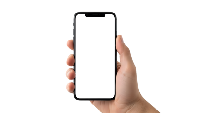 Hand holding a modern smartphone with a blank white screen isolated on a transparent background mobile phone - Powered by Adobe
