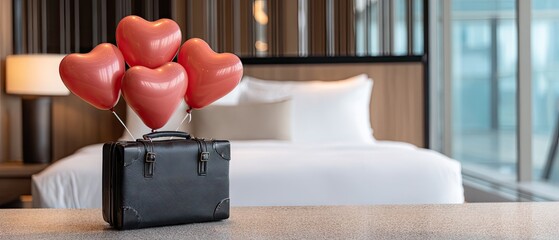 Black suitcase with heart-shaped balloons in hotel room setting for Valentine's Day celebration
