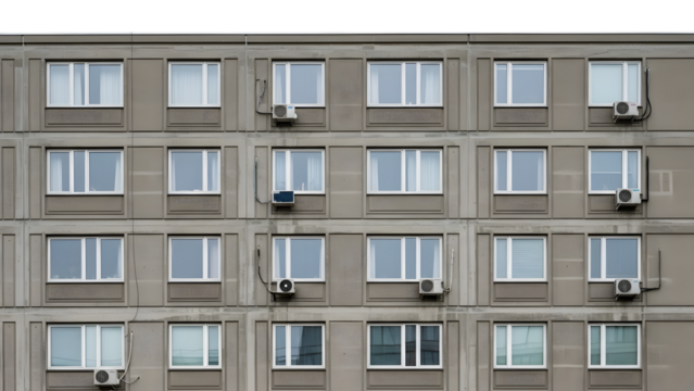 Grid of apartment building windows with air conditioning units on concrete facade isolated on a transparent background