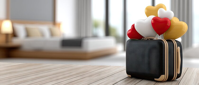 Valentines day scene with a black suitcase holding heart-shaped balloons in a hotel room with a modern design