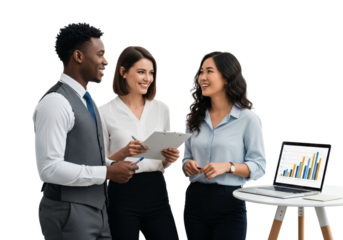 Business team working together with laptop isolated on white or transparent background