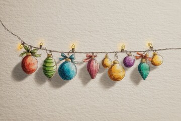 Hand-drawn garland featuring colorful festive ornaments adorned with bows, illuminated by soft fairy lights, creating a warm and joyful holiday atmosphere