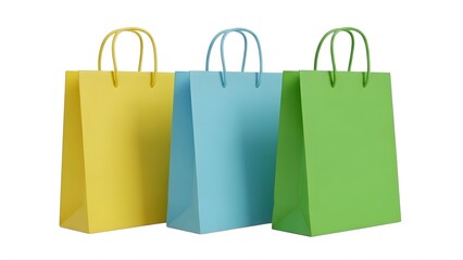 Three colorful paper shopping bags in yellow, blue, and green isolated on white background