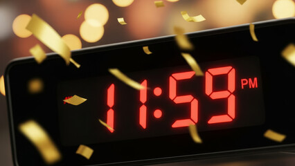 Symbolic New Year countdown moment with clock and golden confetti.