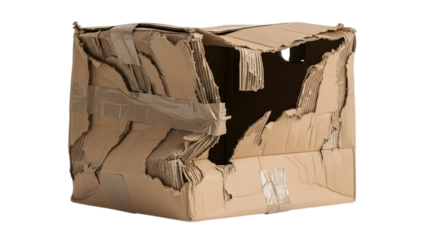 Heavily damaged and torn cardboard shipping box with tape on a transparent background isolated on a transparent background