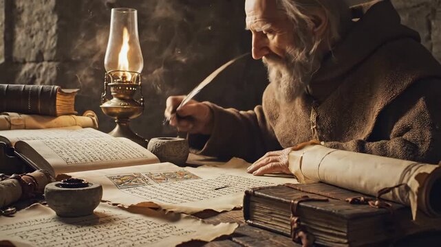 Elderly Scribe Transcribing Texts by Lamplight - An elderly man is deeply engaged in writing with a quill on parchment under the warm glow of a lamp.