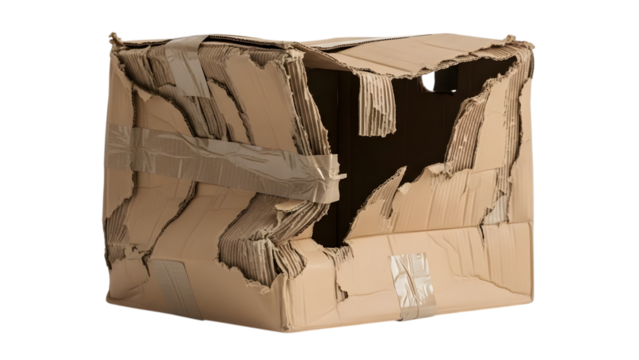 Heavily damaged and torn cardboard shipping box with tape on a transparent background isolated on a transparent background