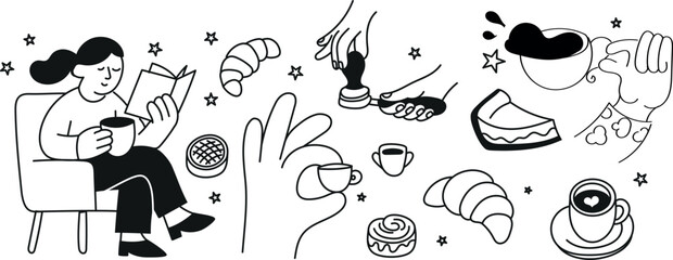 A relaxing self-care caf&eacute; set featuring face masks, warm cups, candles, books, comfy blankets, slippers, and cozy lifestyle details. Perfect for wellness and aesthetic projects.