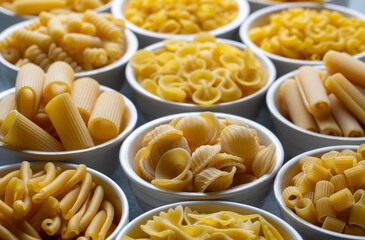 Composition with different tasty uncooked pasta - Italian pasta wallpaper, different types and shapes of pasta layout