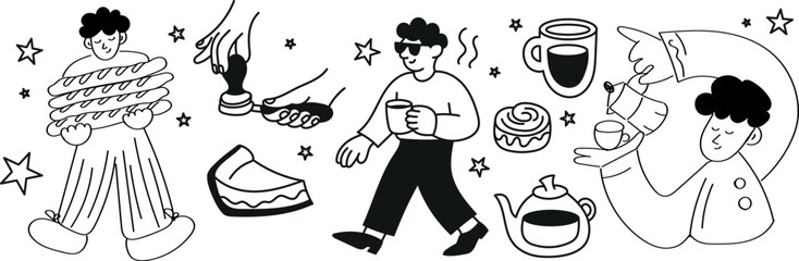 A home baking illustration set featuring bowls, whisks, dough, cookies, bread, pastries, oven mitts, jars, and cozy kitchen details. Great for food blogs and recipe visuals.