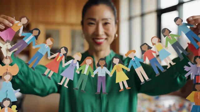 Person Holding Paper Cut-Out Figures Symbolizing Unity - A person smiling while holding up a string of colorful paper cut-out figures representing diverse individuals.