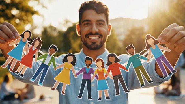 Smiling Man Holding Diverse Paper People Chain - A smiling man holds a colorful chain of diverse paper cut-out figures symbolizing unity, inclusion, and community support.