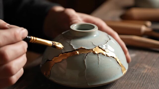 Artisan Restoring Ceramic Bowl with Gold Lacquer - A close-up video of hands delicately applying gold lacquer to the cracks of a broken ceramic bowl, showcasing the traditional Japanese art of
