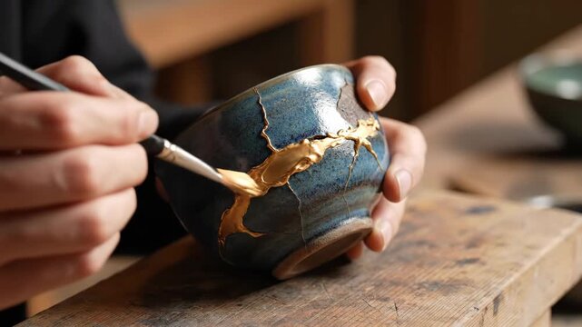 Kintsugi Repairing a Ceramic Bowl - Close-up of hands applying gold lacquer with a brush to repair cracks in a broken blue ceramic bowl.