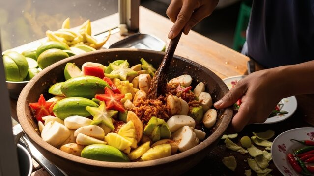 Mixing Exotic Fruit Rojak Traditional Culinary Art