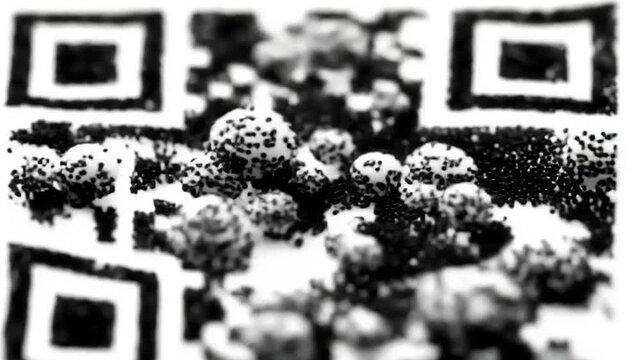 Abstract black and white spheres with QR codes.