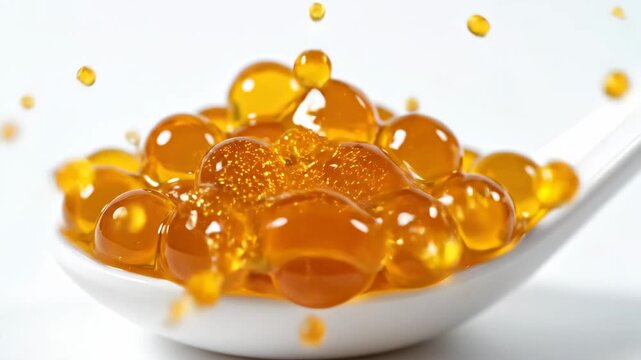 Mango Boba Pearls Spoon Splash - A close-up shot shows a white ceramic spoon filled with shiny mango boba pearls.