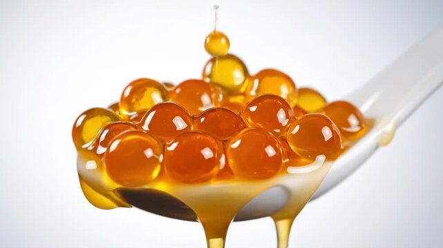 Mango Boba Pearls with Juice on Spoon - A close-up shot shows mango flavored boba pearls filling a white ceramic spoon, with clear juice drizzling over the glossy surface.