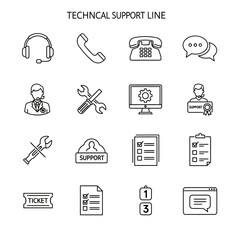 Technical Support Line Icons - Headset, Phone, Speech Bubble, and More.
