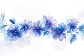 Fototapeta premium A delicate horizontal arrangement of soft watercolor-style blue and purple flowers