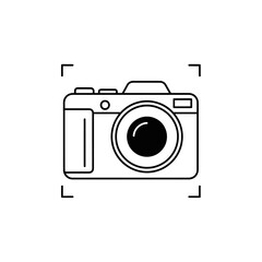 A minimalist line drawing of a classic camera with focus brackets.