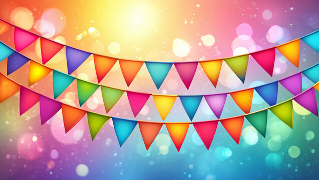 Vibrant bunting banner adorning blurred bokeh background backdrop for celebration decor and festive event decoration colorful triangle pennants and string