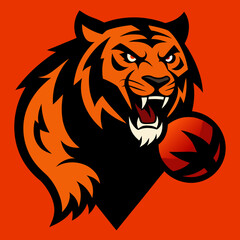 Aggressive tiger mascot roaring with a basketball