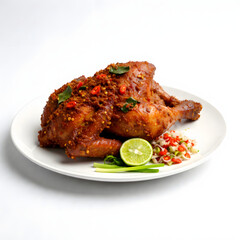 portrait of ayam betutu on a white background, food-focused, no noise.