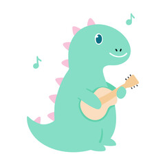 Cute cartoon dinosaur playing a ukulele with musical notes