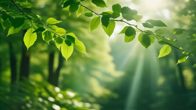 葉を透過する神聖な光の筋、クローズアップされた森の生命力と木漏れ日