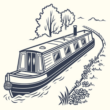 Narrowboat on a Winding Canal with Trees and Flowers canal boat barge