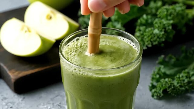 Gently stirring refreshing homemade green smoothie with bamboo stick to blend healthy organic kale and apple ingredients for nutritious vegan detox breakfast and vitality wellness diet
