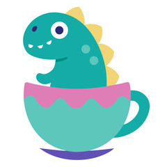 Cute teal dinosaur sitting in a colorful teacup