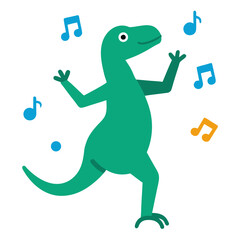 Happy green dinosaur dancing with musical notes